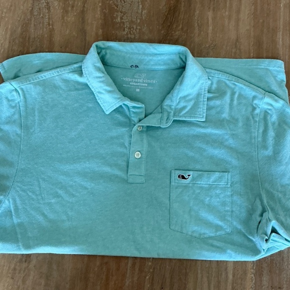 Vineyard Vines Mens Aqua Blue Polo Shirt Short Sleeve Whale Logo Size Medium